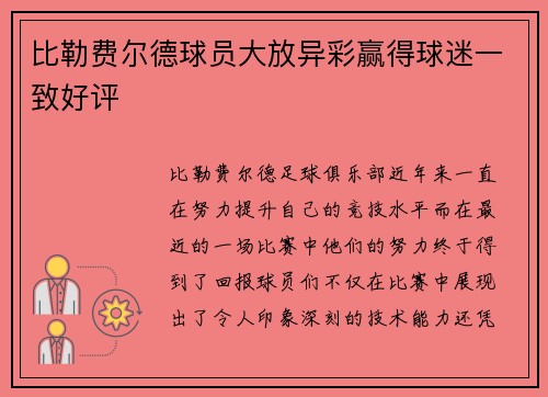 比勒费尔德球员大放异彩赢得球迷一致好评